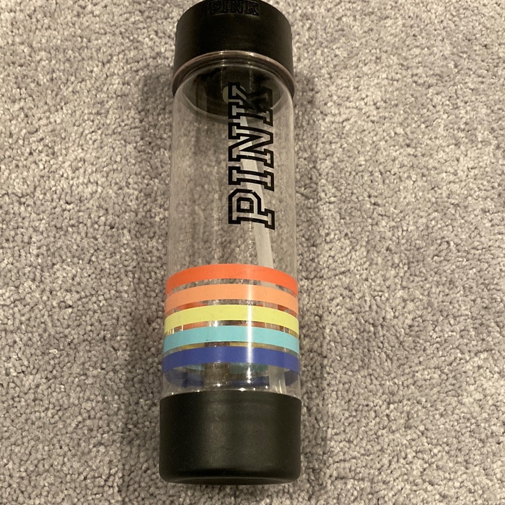 PINK Striped Reusable Plastic Water Bottle With Straw and Handle!